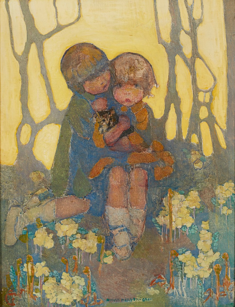 Nővérek egy cicával (olaj, vászon) alkotó: Norah Neilsen Gray