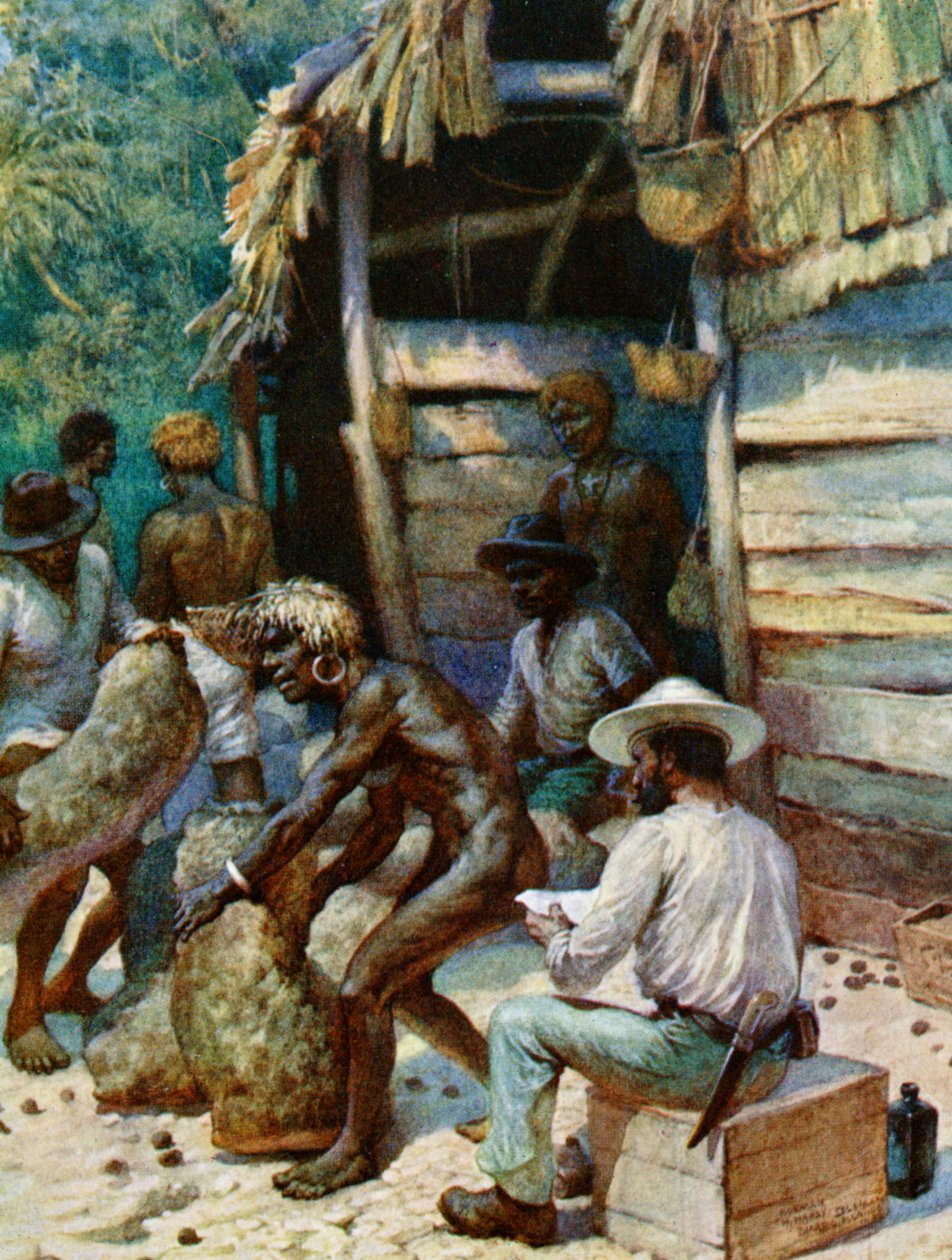 Egy dél-tengeri szigeti kereskedő és zsákjai elefántcsontdióval, 1908 alkotó: Norman Hardy