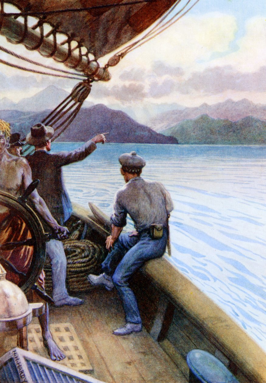 "Cirkálás a déltengeri szigetek között, Norfolk-sziget a láthatáron", 1908 alkotó: Norman Hardy