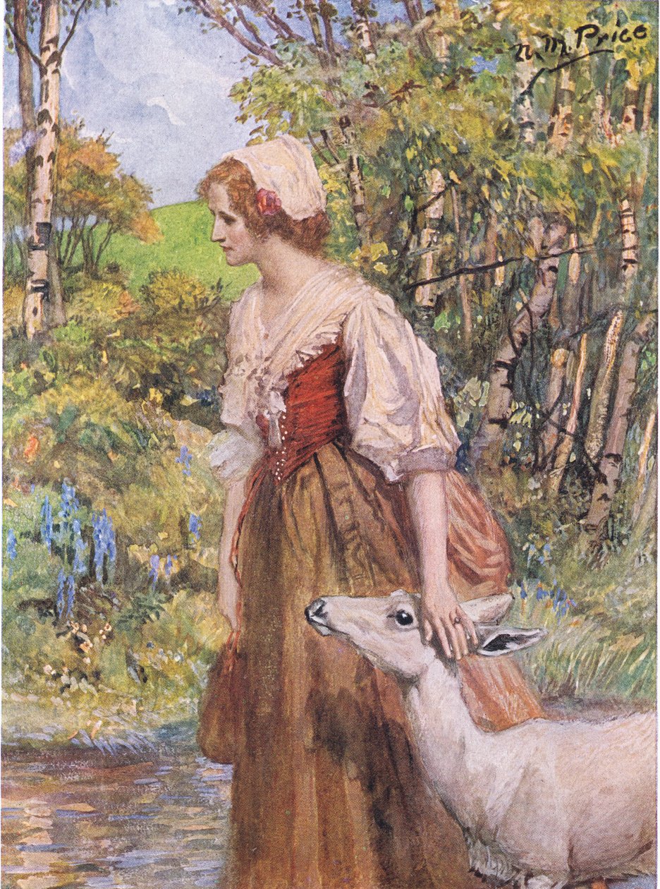 A Liliomfehér őzike felugrott, és a Leány kezébe hajtotta a fejét, illusztrációja May Byron "The Children