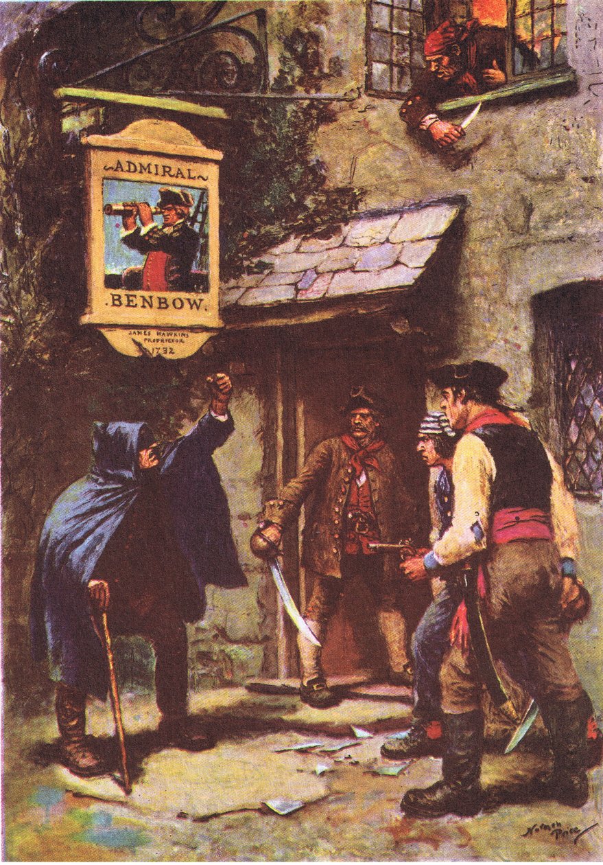 Egy férfi kihajolt a holdfényben, a Treasure Islandről, a MacDonald 1947 kiadásában (színes litó) alkotó: Norman Mills Price