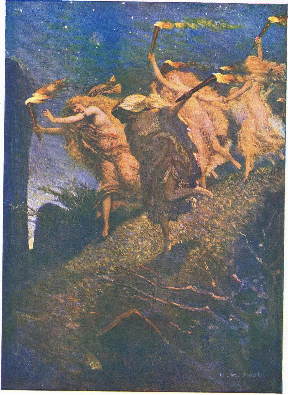 Az első Walpurgis-éj: „A homályon keresztül vezess és kövess, minden sziklás mélyedésbe be és ki” (színes litho) alkotó: Norman Mills Price