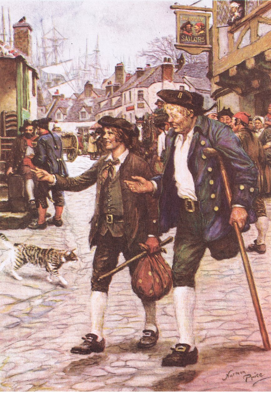 Jim és Long John Silver Bristolban, a Treasure Islandről, a MacDonald kiadásában 1947 (színes litho) alkotó: Norman Mills Price