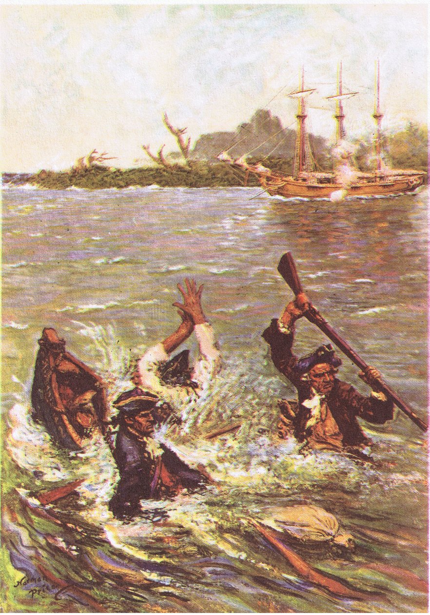 A csónak a tat mellett süllyedt el három lábnyi vízben, a Treasure Islandről, a MacDonald 1947 kiadásában (színes litho) alkotó: Norman Mills Price