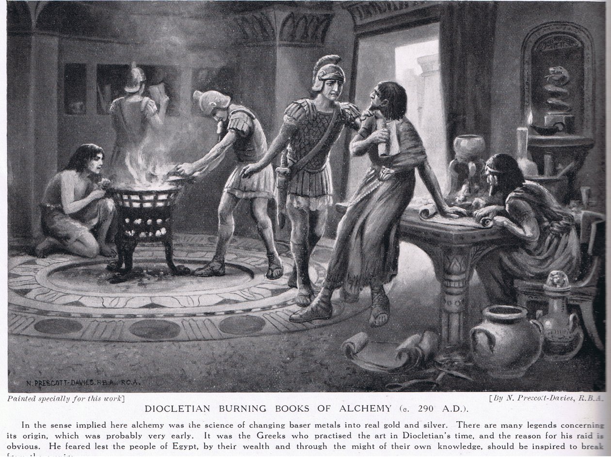 Diocletianus az alkímia könyveit égető 290 AD alkotó: Norman Prescott Davies