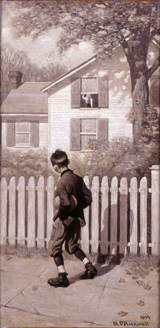 A Varázslatos labda-Tommy megjelent az emeleti ablakban. (Mumpszos fiú) alkotó: Norman Rockwell