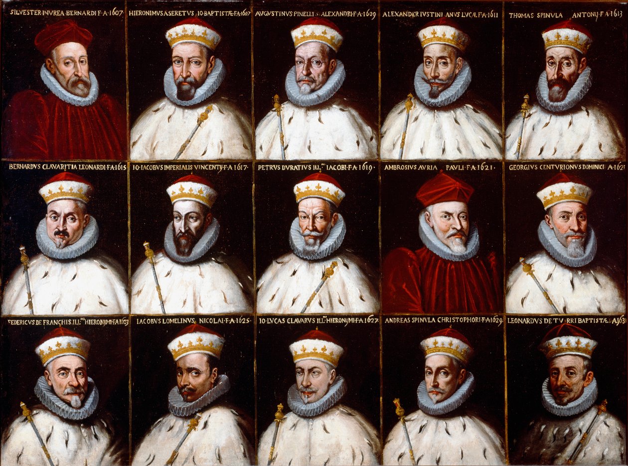 A Gének Köztársaságának címere és a dózsák portréi. Silvestro Invrea, Gerolamo Assereto, Agostino Pinello Luciani, Alessandro Giustiniani Longo, Tomaso Spinola, Clavarezza Bernardo, Giovanni Giacomo Imperiale (Tartaro), Pietro Durazzo, Ambrog alkotó: Northern Italian School