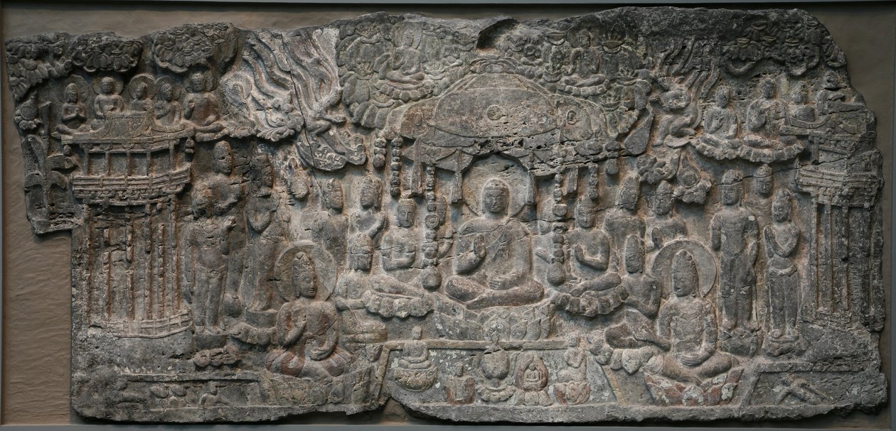 Western Paradise, Handan, Hebei tartomány, 550-577 (mészkő pigmentnyomokkal) alkotó: Northern Qi Dynasty Chinese Scool