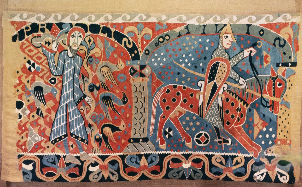 Norman lovas gömbölyű lovon és egy madaraktól körülvett ember, részlet a Baldishol-templomból, Hedmark alkotó: Norwegian School
