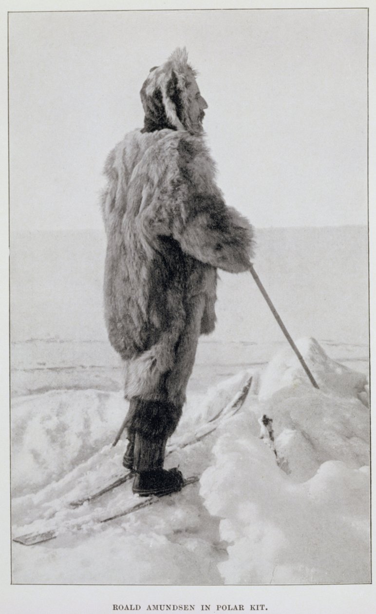 Roald Amundsen sarki felszerelésben, a "Déli-sark..." című, 1912-ben megjelent kiadványból (litográfia). alkotó: Norwegian School