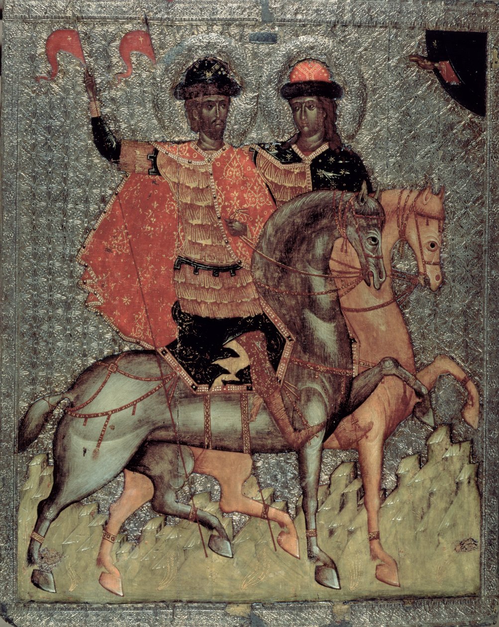St. Boris and St. Gleb Mounted, 1377 körül (tempera a panelen) alkotó: Novgorod School