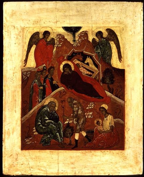 A születés ikonja, a mágusok imádása és Szent József megkísértése, 1500 körül (aranylevél és tempera a táblán) alkotó: Novgorod School