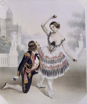 Fanny Cerrito (1817-1909) és S. Leon az Őfelsége Színházából a „La Manolla”-ban, C. Graf metszetében (színes litó) alkotó: Numa (after) Blanc