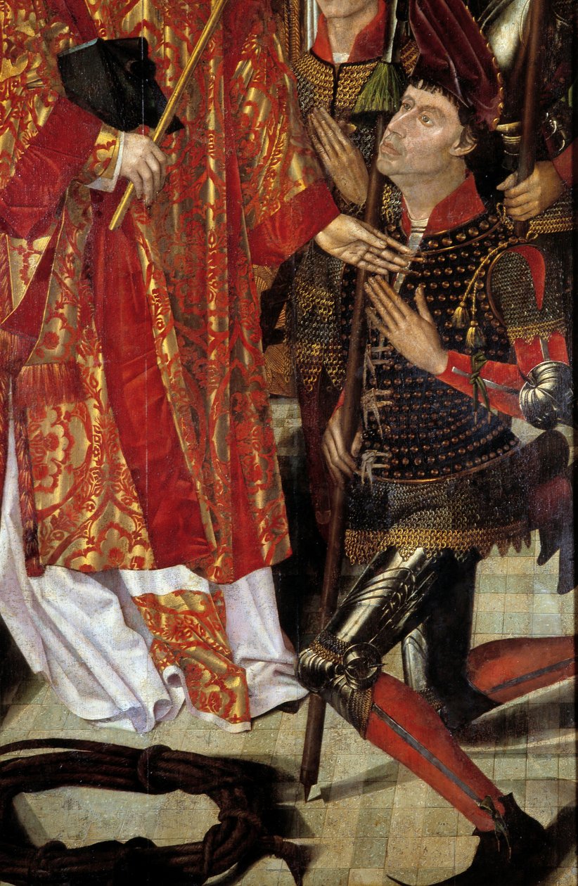 Szent Vince, Lisszabon védnöke Zaragozai Szent Vince poliptichonja, eveques lovagokkal körülvéve. Részlet. Nuno Goncalvesnek vagy Gonzalveznek tulajdonított festmény (15. század) National Museum of Ancient Art, Lisszabon. alkotó: Nuno Goncalves or Gonzalvez