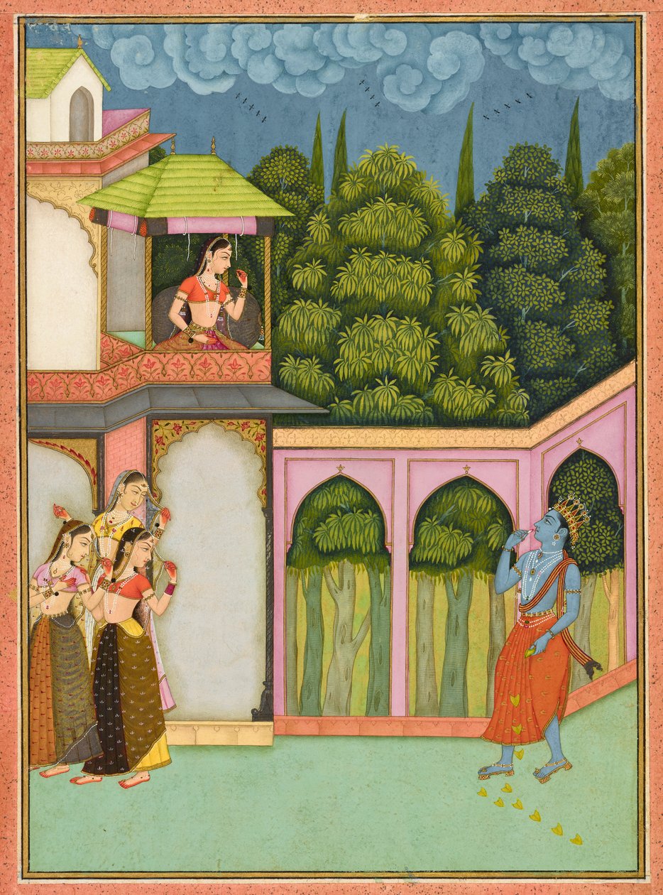 Krishna egy <em>Rasikpriya</em>ból közelíti meg Radhát, fóliót alkotó: Nuruddin