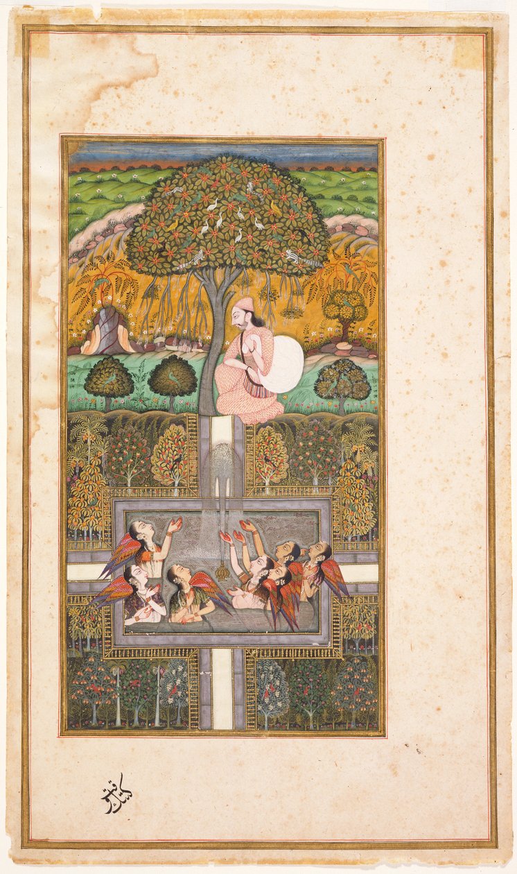 Raja Bikram és az angyalok, illusztráció a Gulshan-i-Ishq-ból, 1700 körül (wc arannyal a papíron) alkotó: Nusrati of Bijapur