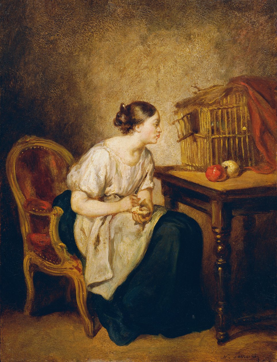Fiatal nő madárkalitkával alkotó: Octave Nicolas Francois Tassaert