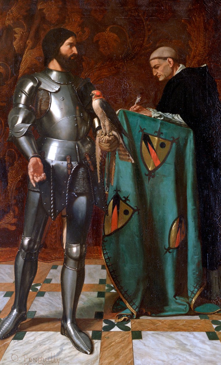 „A lovag, aki levelet diktál egy szerzetesnek”, 1865 alkotó: Octave Penguilly l
