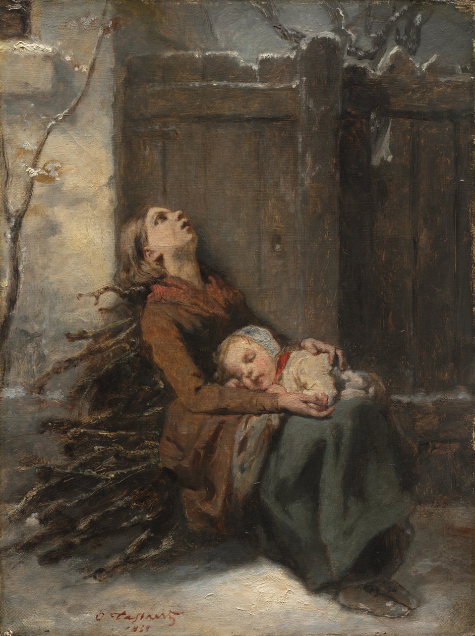 Nincstelen halott anya, aki alvó gyermekét tartja télen, c. 1850. alkotó: Octave Tassaert