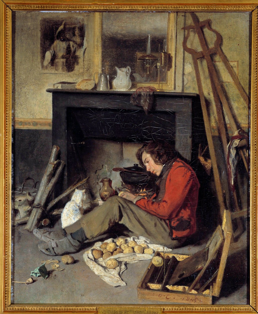 Műhelybelső Egy festő a kandallója közelében. Octave Tassaert (1800-1874) festménye 1845 V. 0,46x0,38 m alkotó: Octave Tassaert