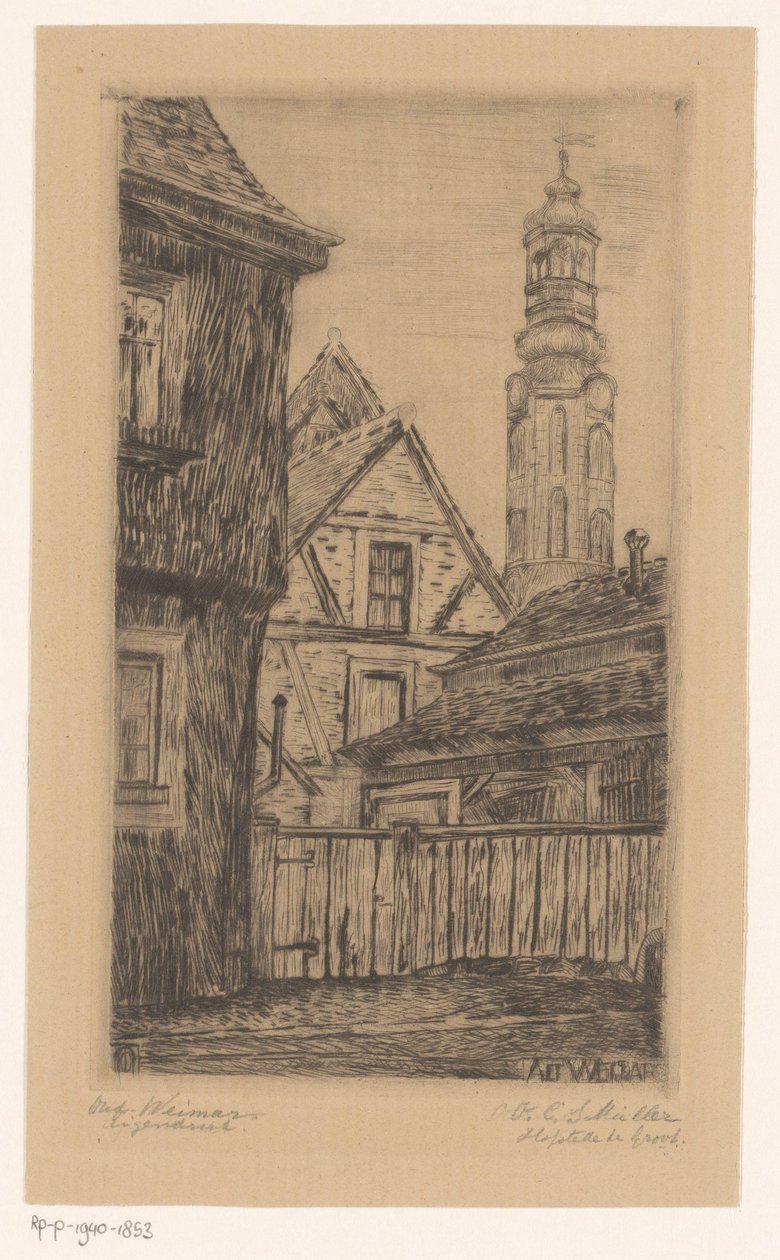 Városkép a weimari toronnyal Alt Weimar (cím az objektumon) alkotó: Octavia Cornelia Suzanna Hofstede de Groot (signed by artist)