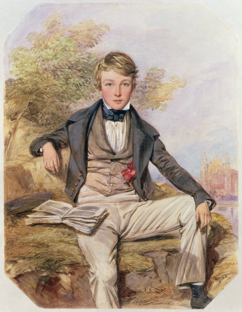Benjamin Gibbons portréja ülve, kilátással az Eton College túloldalára, 1838 körül (wc papíron) alkotó: Octavius Oakley
