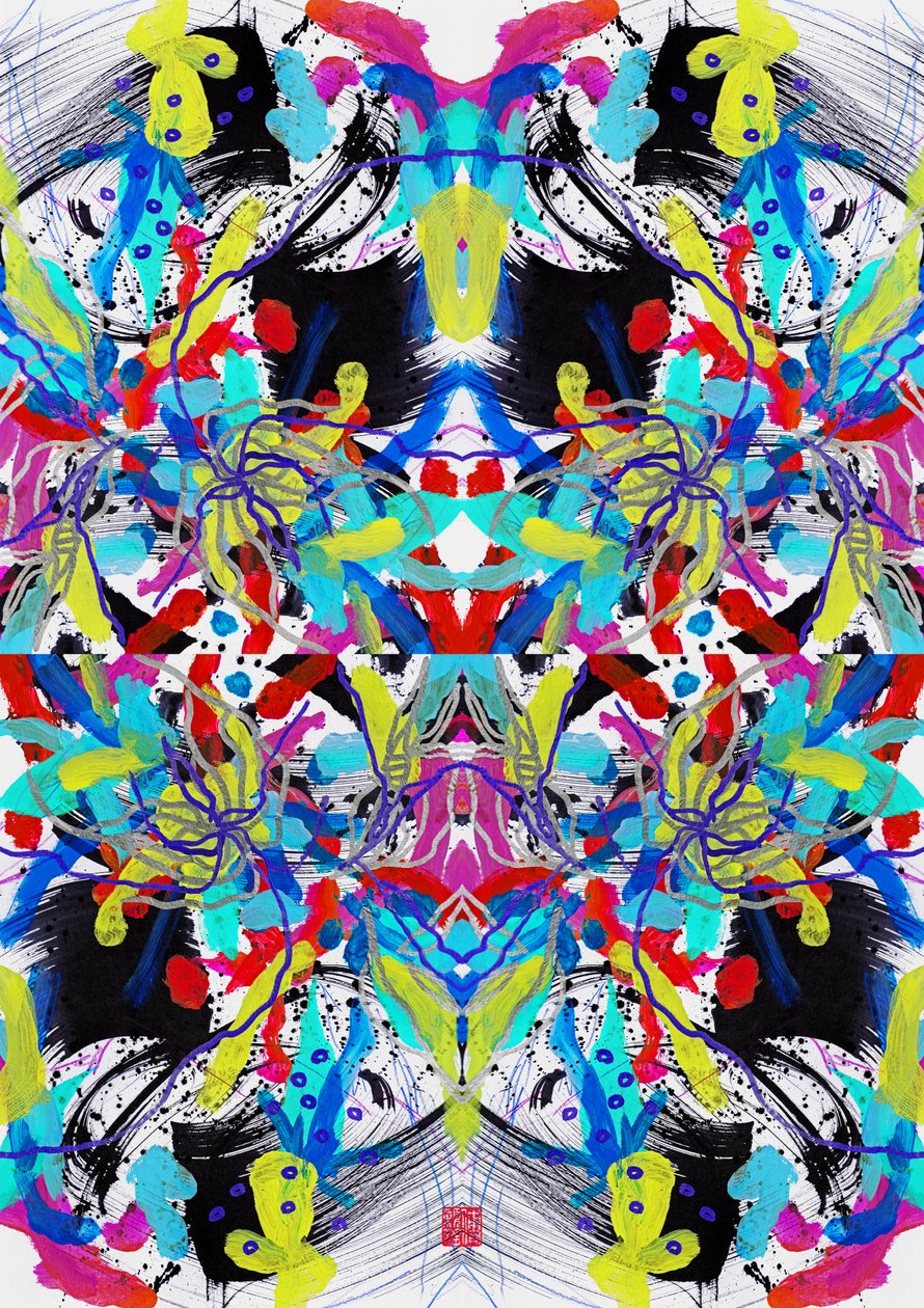 Zen tinta kék piros sárga virágmintás, 2023 (akril papíron, digitális) alkotó: Odilia W. Y. Fu
