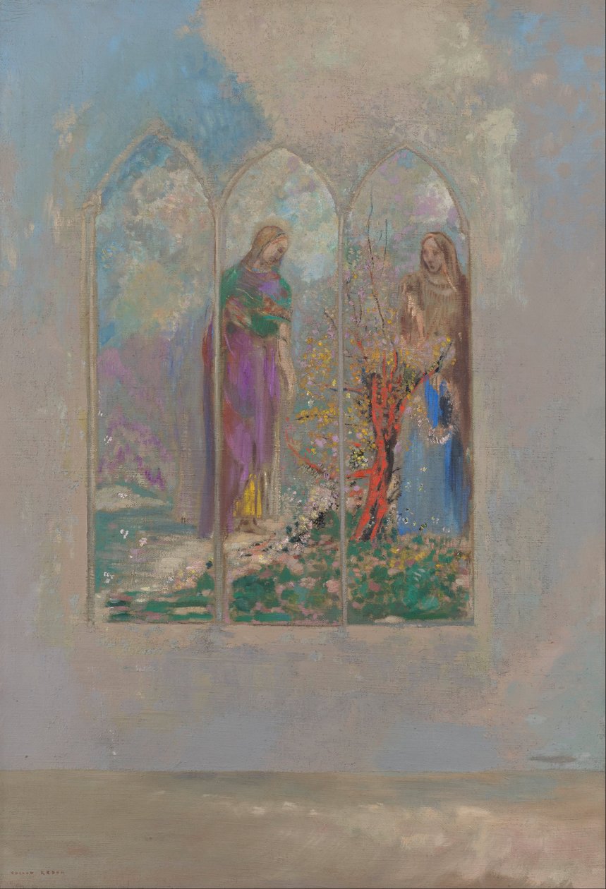 Áhítat egy piros bokor közelében alkotó: Odilon Redon