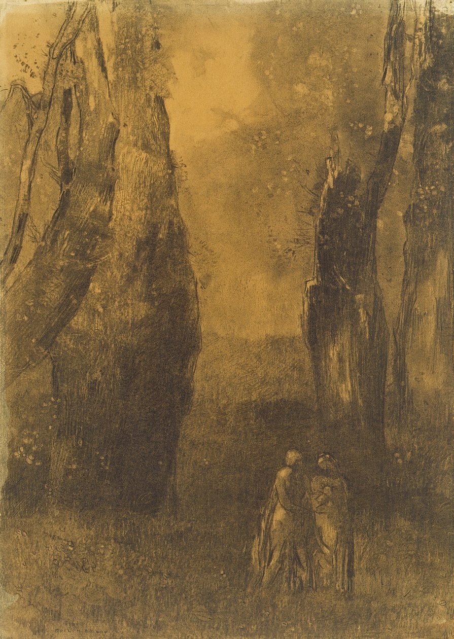 Szerelmesek egy sziklás tájon (szén) alkotó: Odilon Redon