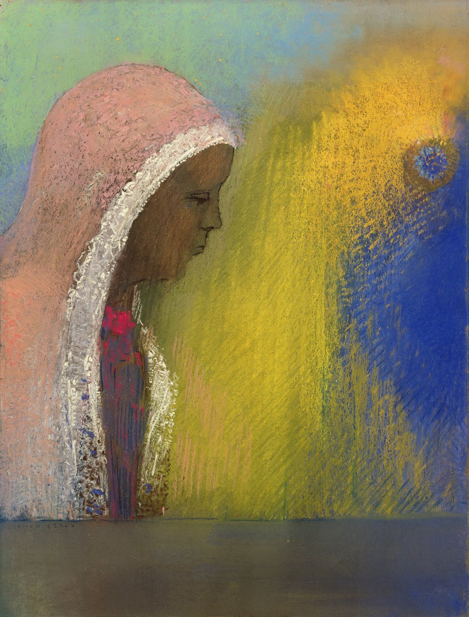 Rózsaszín fátyolos nő portréja, 1885 (pasztell, papír) alkotó: Odilon Redon