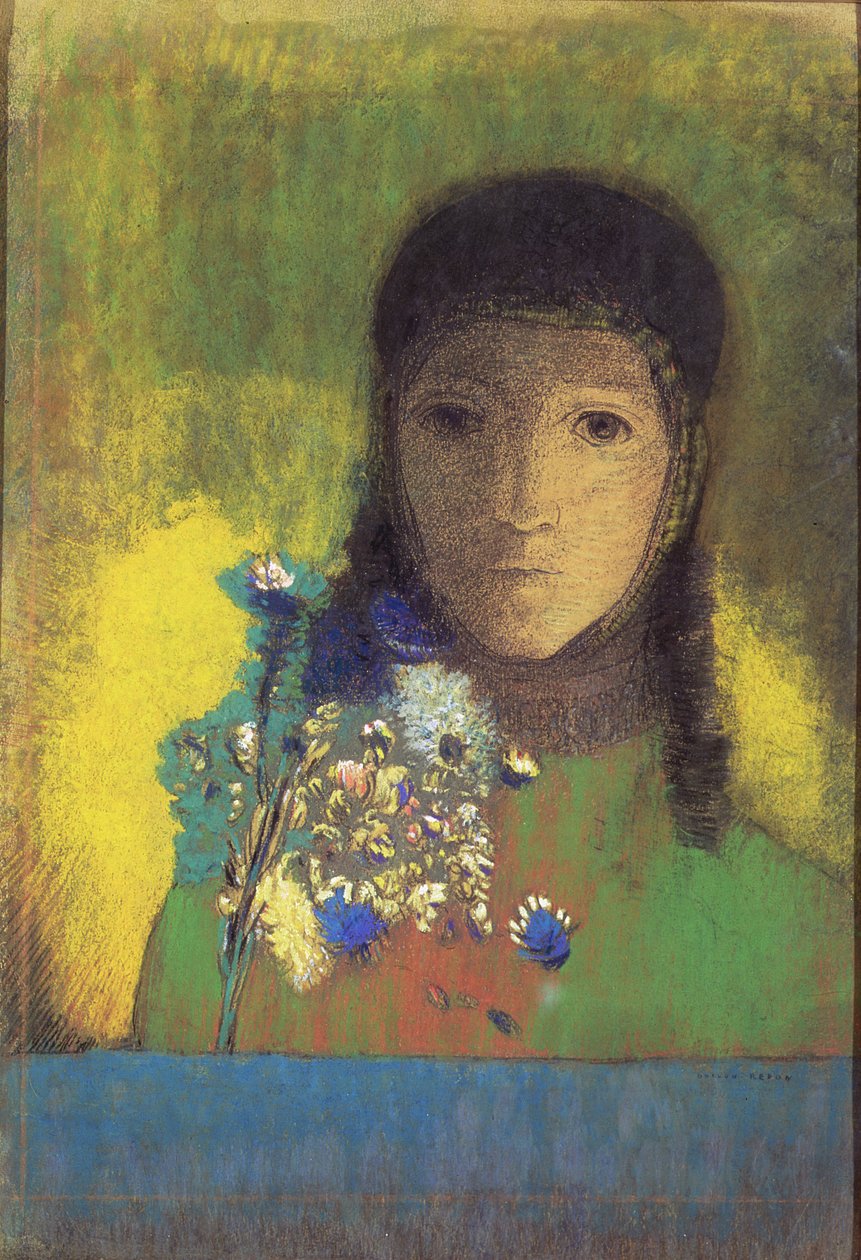 Nő vadvirágokkal, 1895-1900 (pasztell, szén) alkotó: Odilon Redon