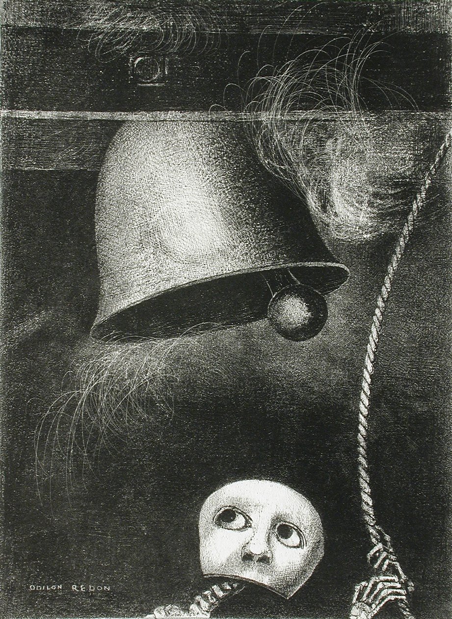 Egy maszk megszólal a halálmondó. Sorozat: Edgar Poe-nak, 1882 alkotó: Odilon Redon