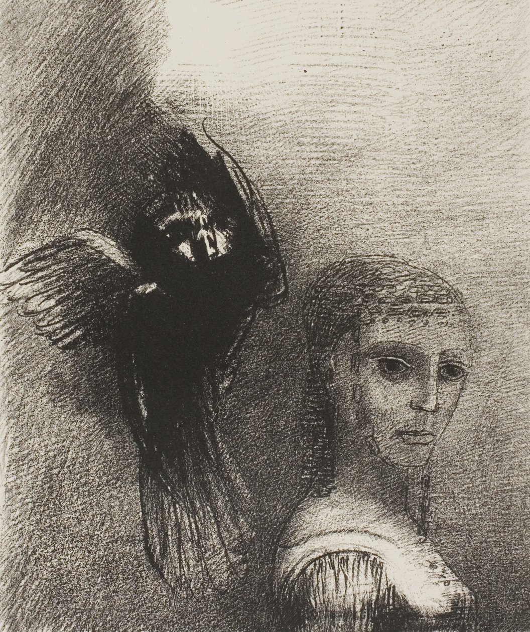 És egy nagy madár, leszáll az égből, és a haja legfelső pontjához dől, 3/10. alkotó: Odilon Redon