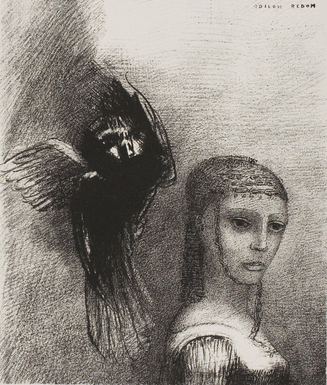 És egy nagy madár, leszáll az égből, és a haja legfelső pontjához dől, 3/10. alkotó: Odilon Redon