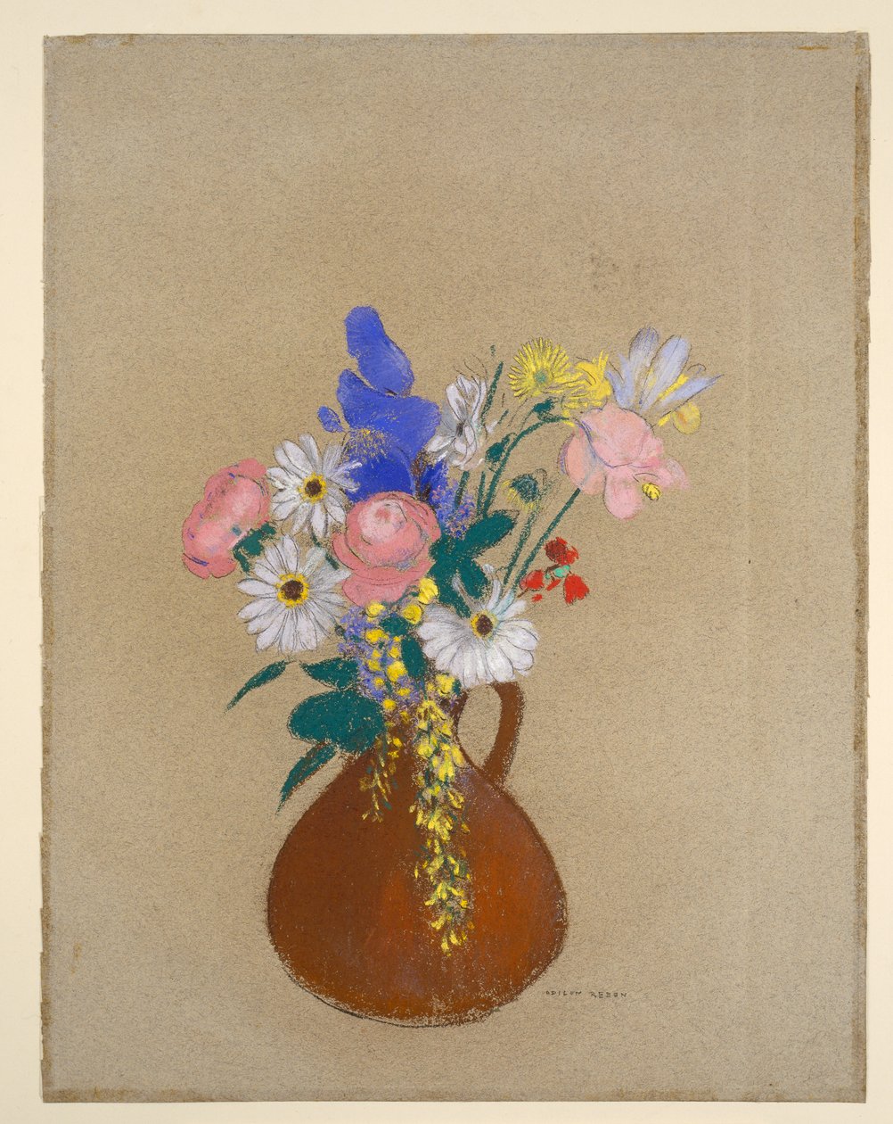 Virágcsokor barna agyagvázában alkotó: Odilon Redon