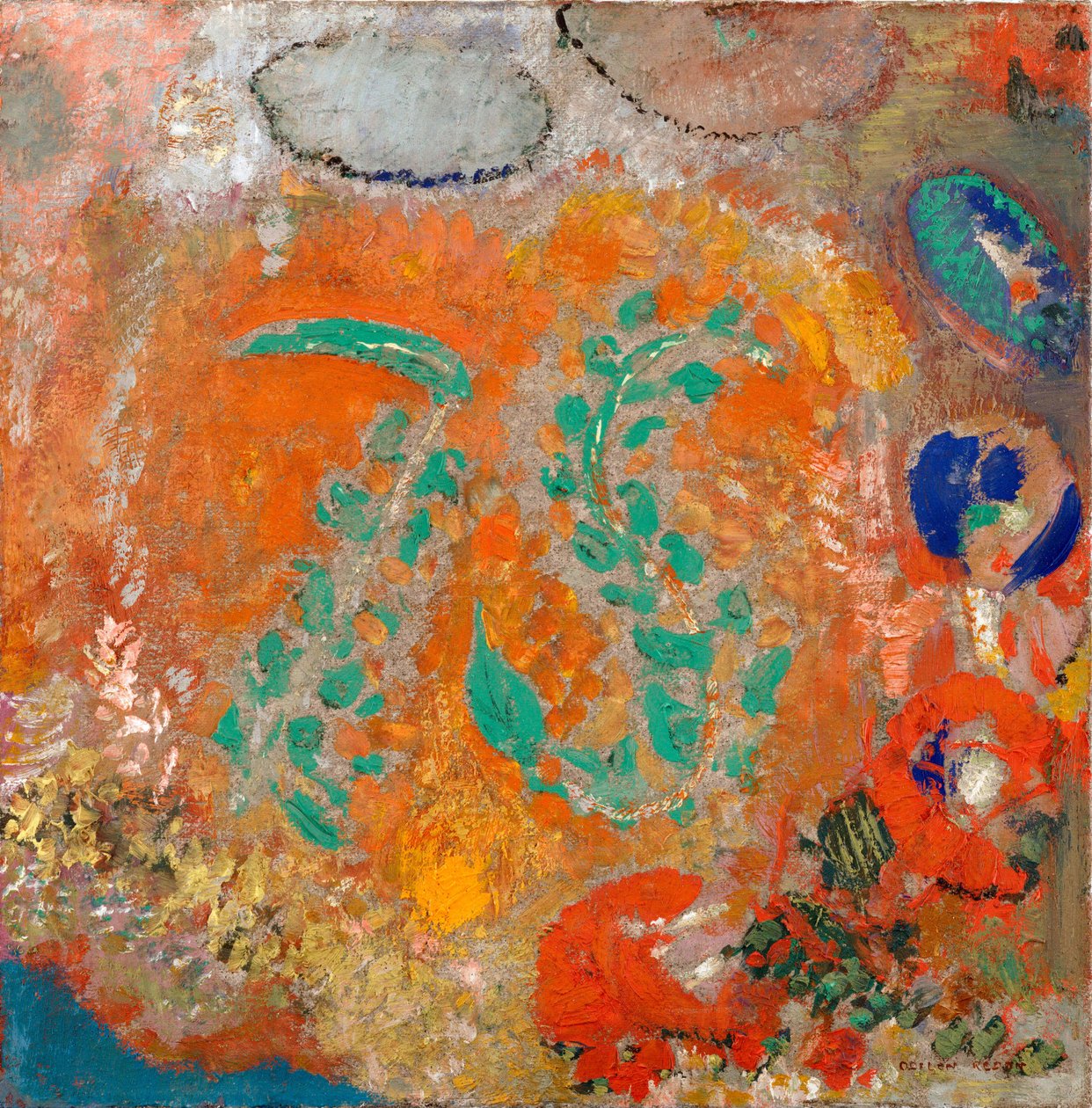 Fogalmazás. Virágok váza nélkül. Odilon Redon (1840-1916) festménye, olaj, vászon, 1905 körül. Francia művészet, XX. század, szimbolika, nabis. Modern Művészetek Múzeuma, New York (USA). alkotó: Odilon Redon