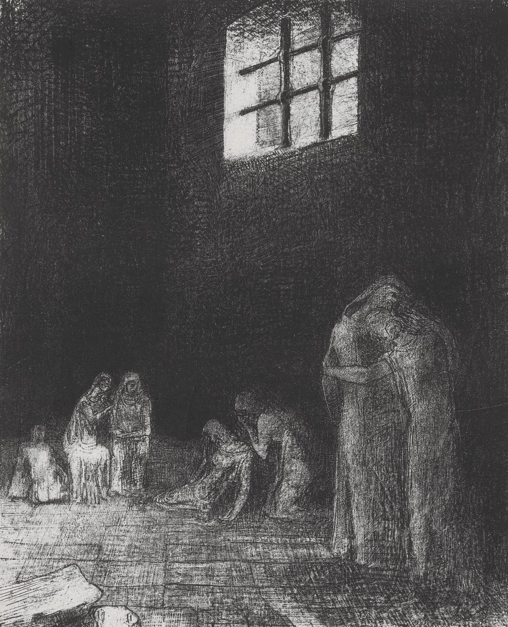 Az árnyékban emberek sírnak és imádkoznak... alkotó: Odilon Redon
