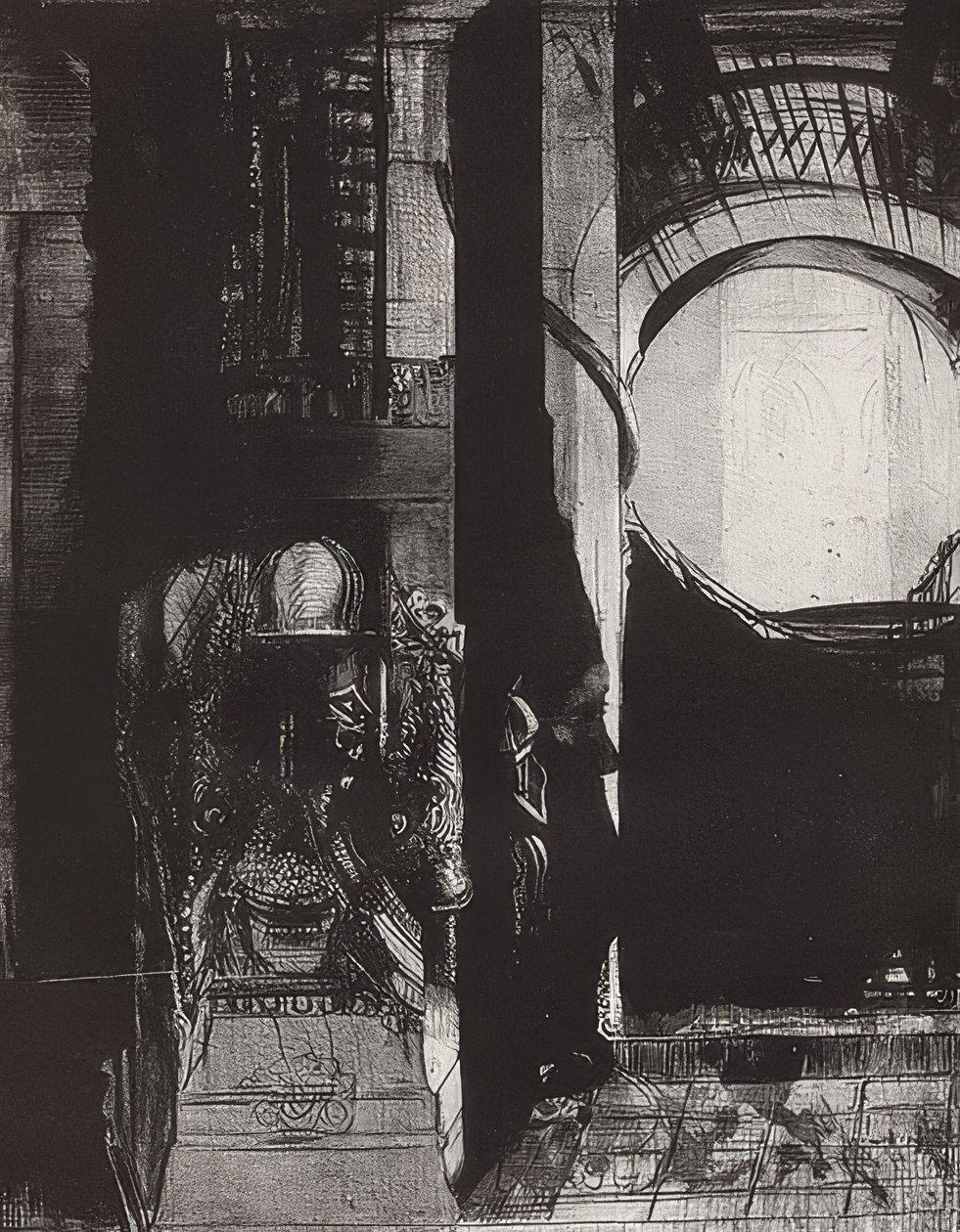 És mindenhol bazaltoszlopok vannak,? Fény hullik a boltívekből, Blatt 3 der Folge La Tentation de Saint-Antoine. 1896 alkotó: Odilon Redon