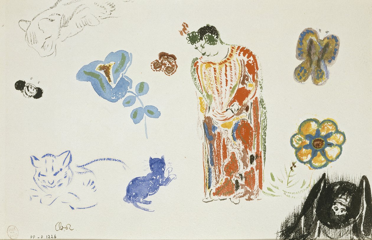 Tanulmánylap: nő, virágok és állatok alkotó: Odilon Redon
