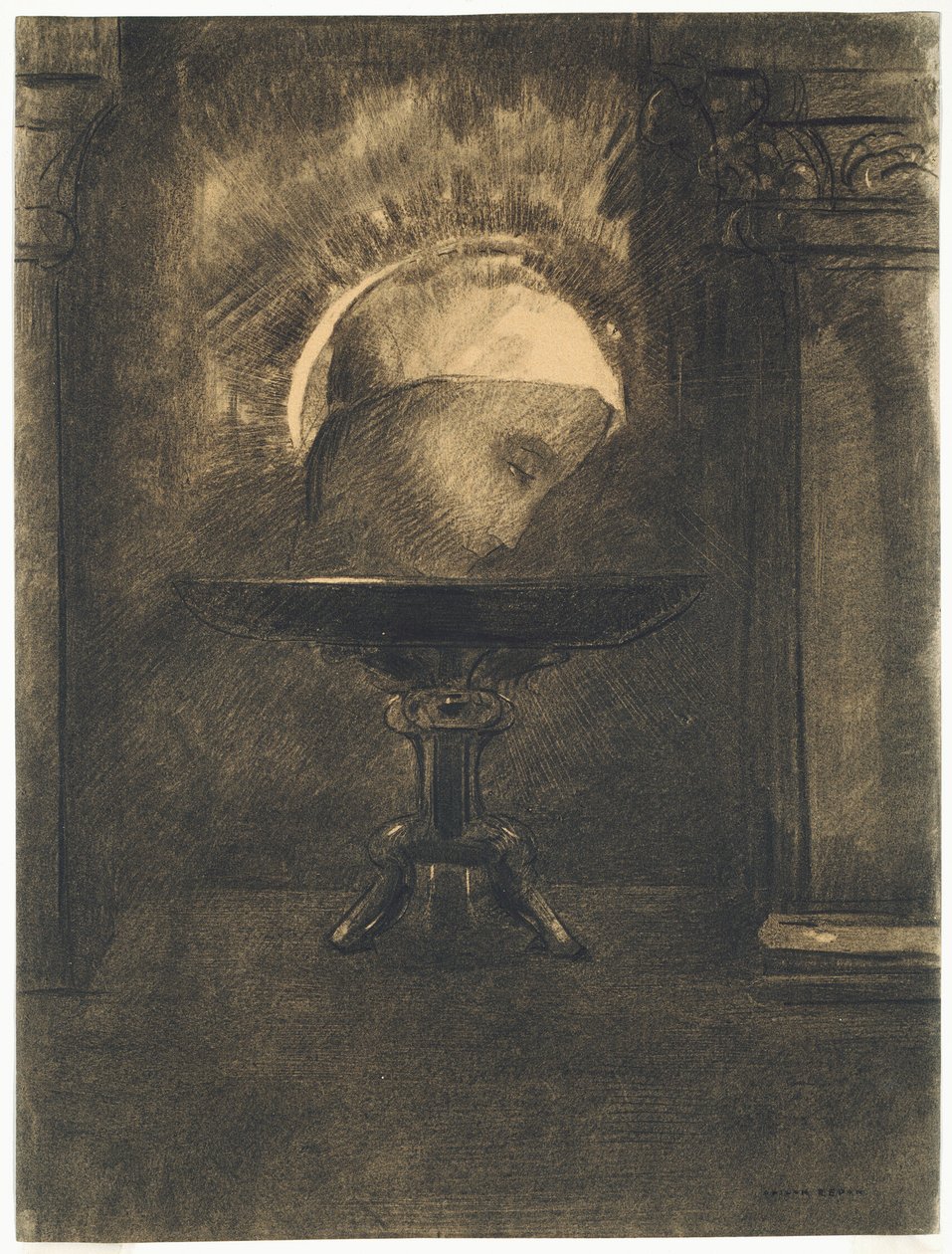 Frígiai sapkát viselő fej, tálalón alkotó: Odilon Redon