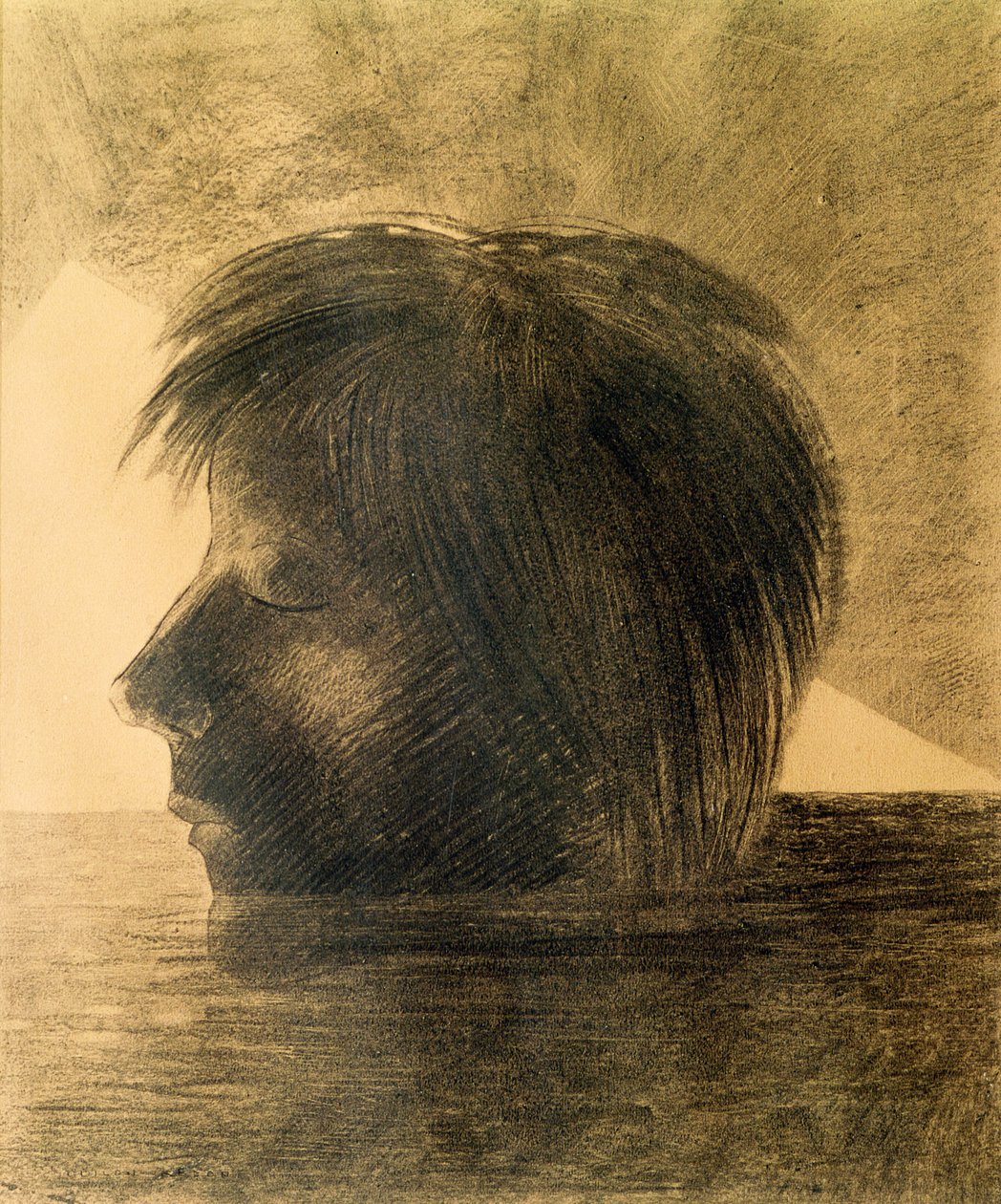 Orfeusz feje a vízen vagy A misztikus, 1880 (szén és ceruza, papír) alkotó: Odilon Redon
