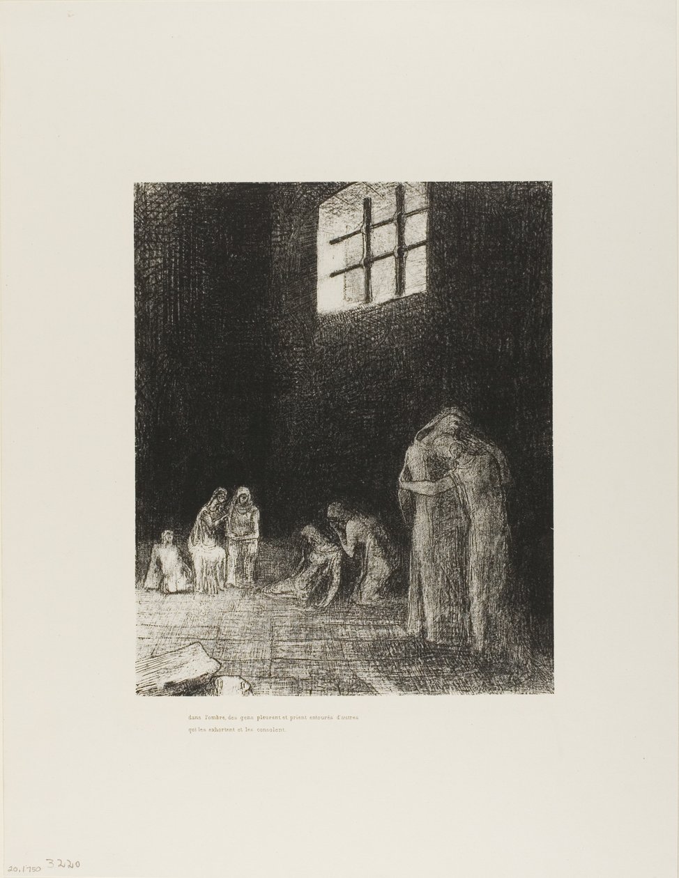 Az árnyékban emberek vannak, sírnak és imádkoznak, körülvéve másokkal, akik buzdítják őket, 24/6. tábla alkotó: Odilon Redon