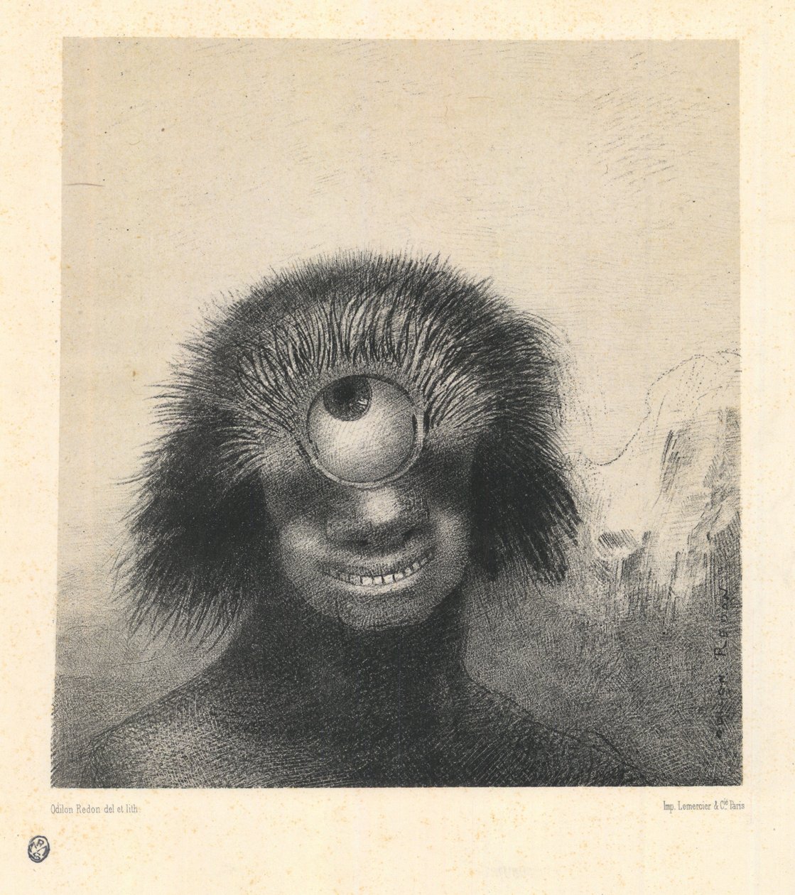 Az alaktalan polip lebegett a parton, egyfajta mosolygós és ijesztő küklopsz. Redon, Odilon (1840-1916) Les Origines című sorozatából. Litográfia, mérete: 21,4x19,9 alkotó: Odilon Redon