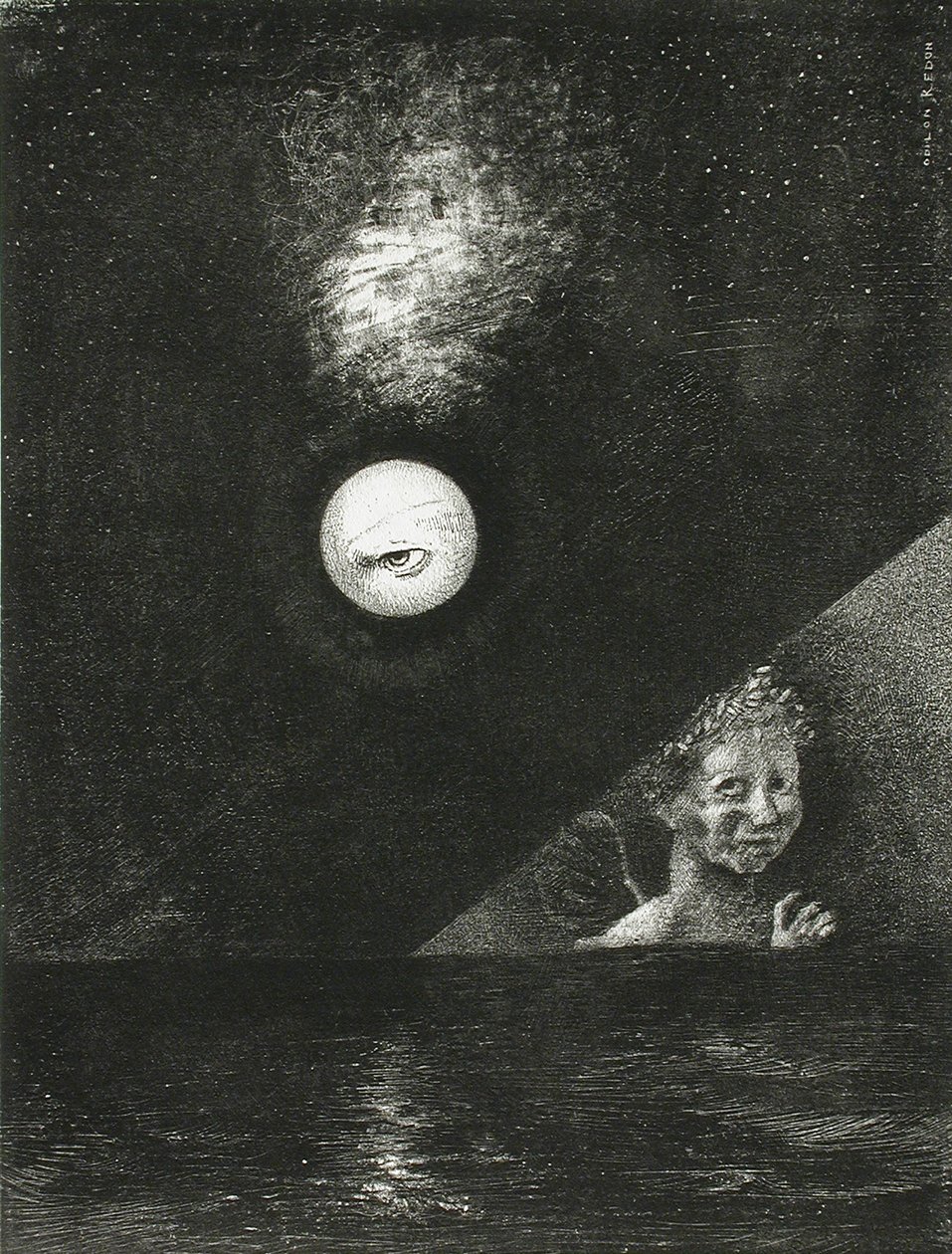A láthatáron a bizonyosság angyala és a sötét égbolton egy kérdő pillantás. Sorozat: Edgarnak alkotó: Odilon Redon