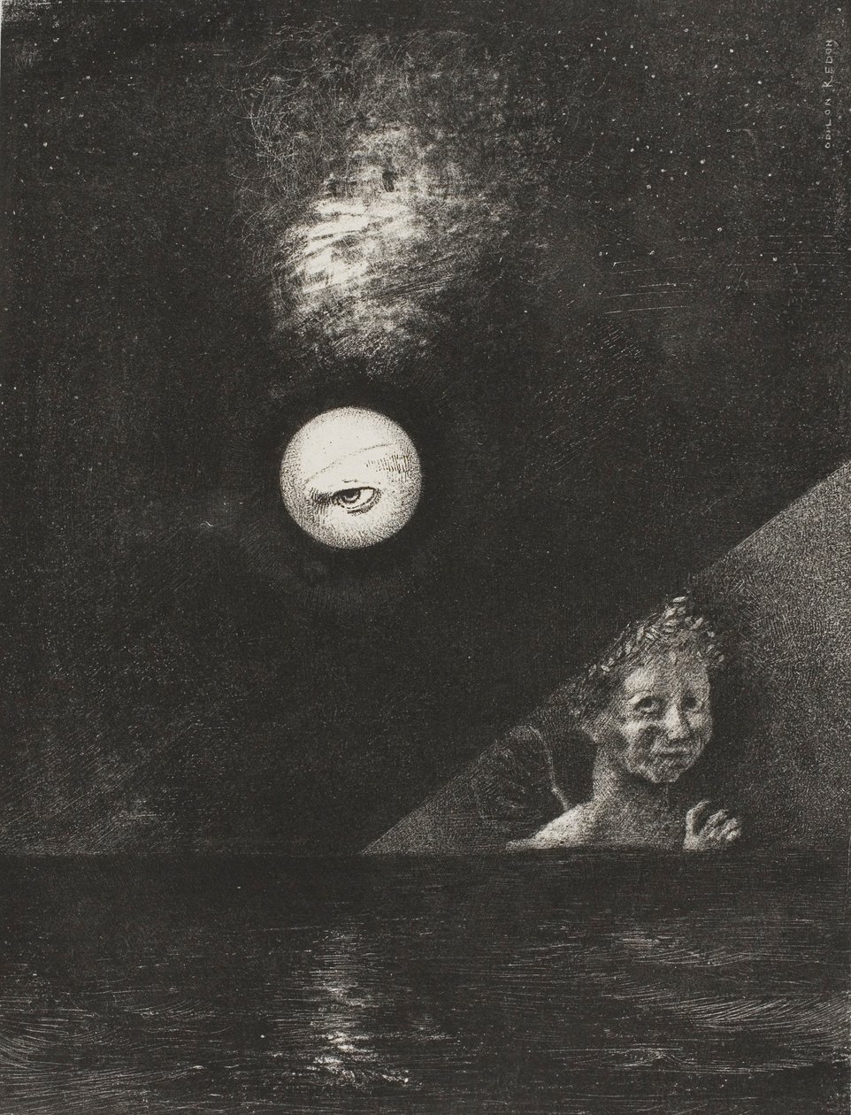 A horizonton a bizonyosság angyala, és a komor égben egy kérdő tekintet, negyedik lemez a To Edgar Poe című kötetből. alkotó: Odilon Redon