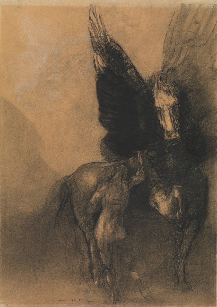 Pegasus és Bellerophon, 1888 körül (szén, vízmosás, fehér kréta és konté zsírkréta sima papírszínen) alkotó: Odilon Redon