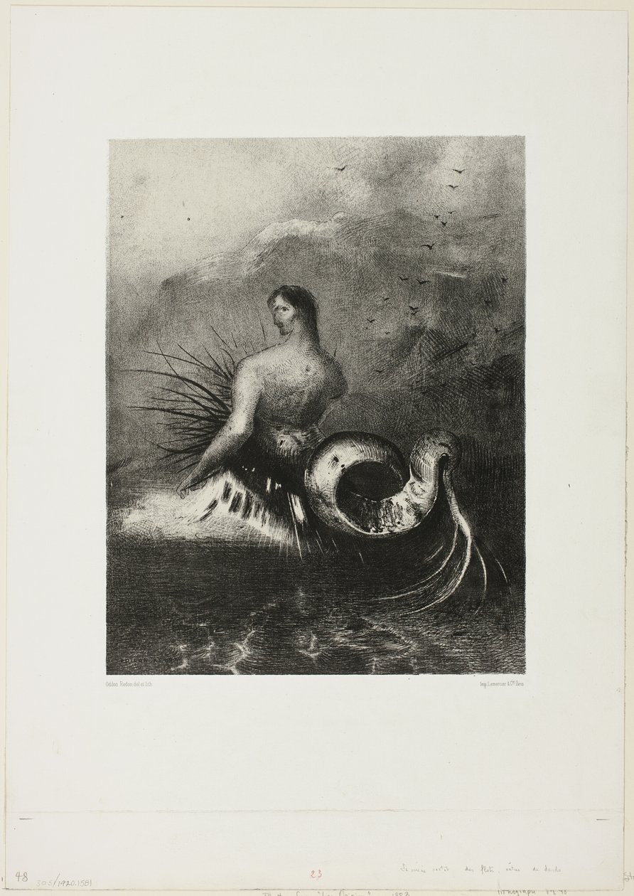 Sziréna kijön a hullámokból, lángokba öltözve, 4/8. tábla a "Les Origines"-től alkotó: Odilon Redon