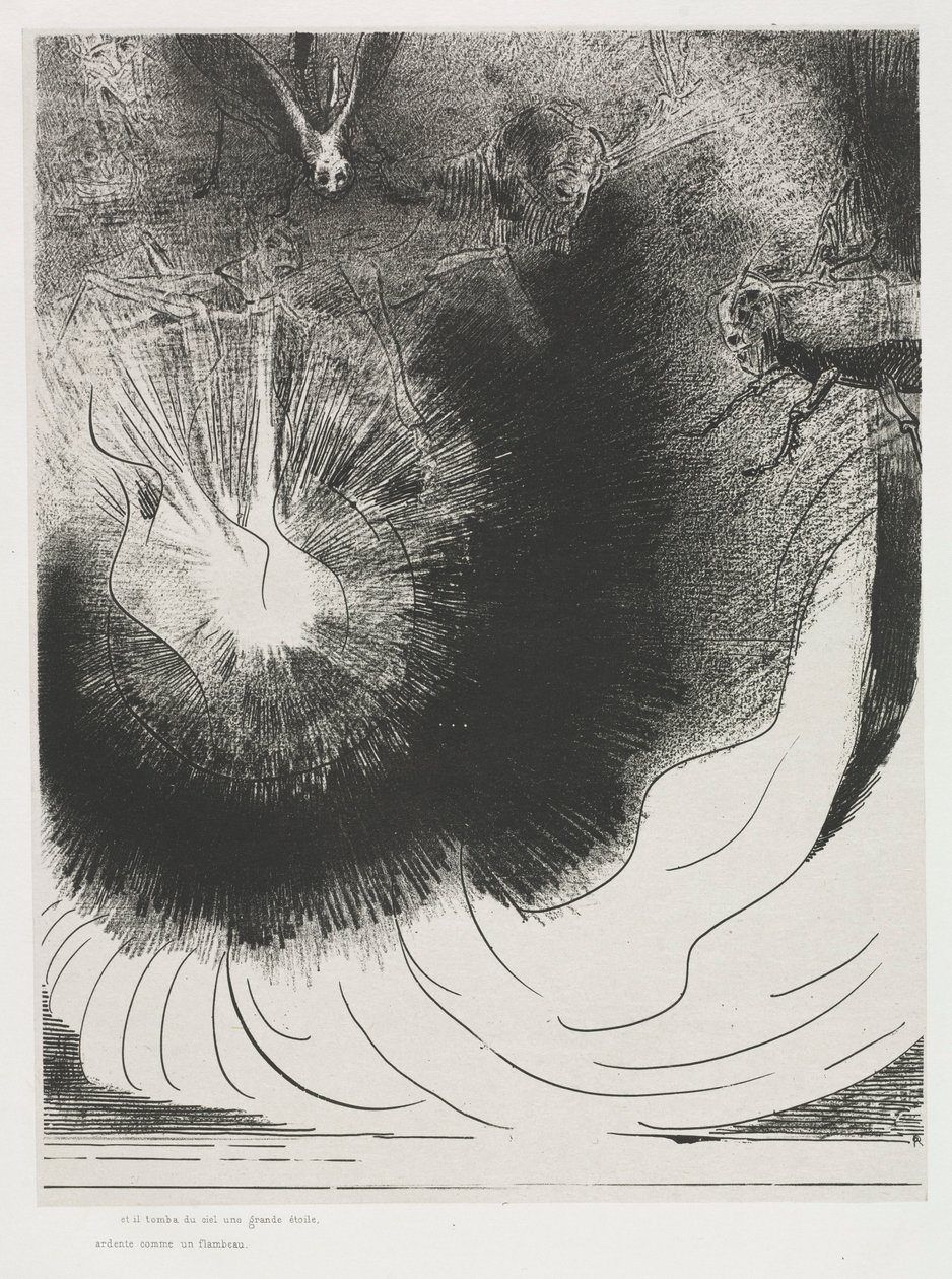 Szent János apokalipszise: És lehullott egy nagy csillag a mennyből, égve..., 1899. alkotó: Odilon Redon