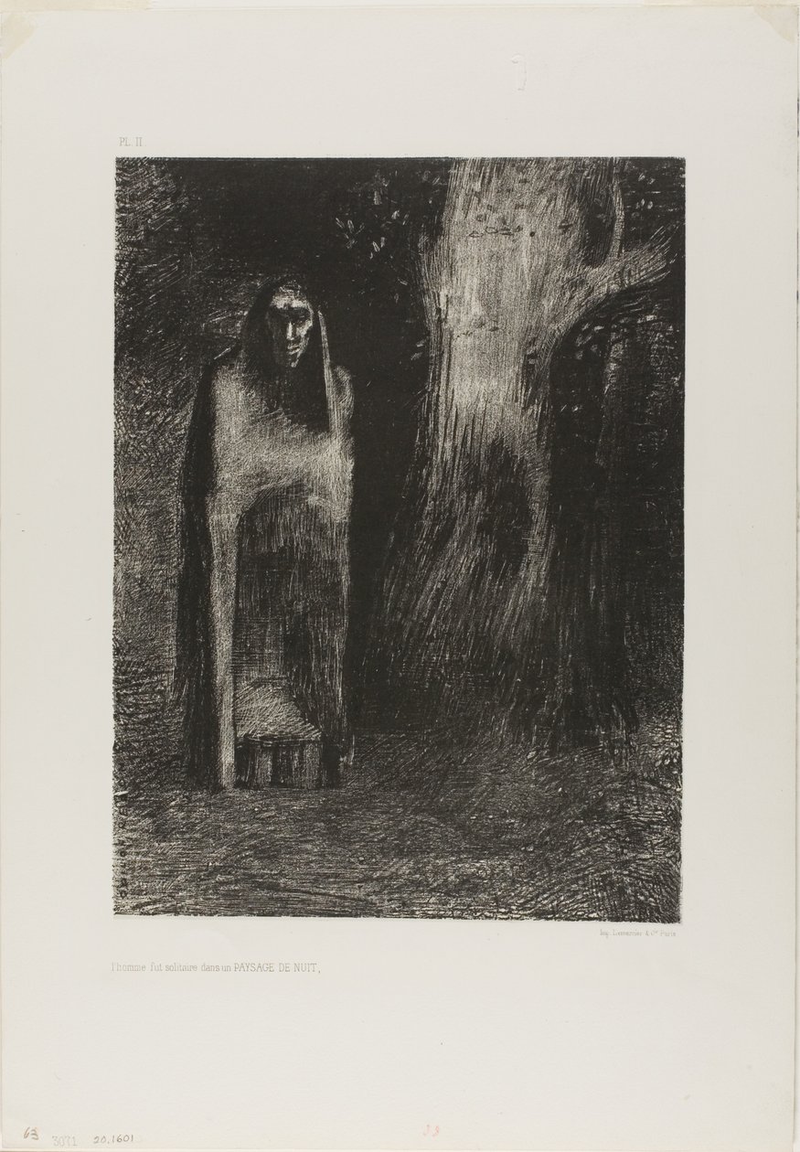 Az ember egyedül volt az éjszakai tájon, az Éjszakából alkotó: Odilon Redon