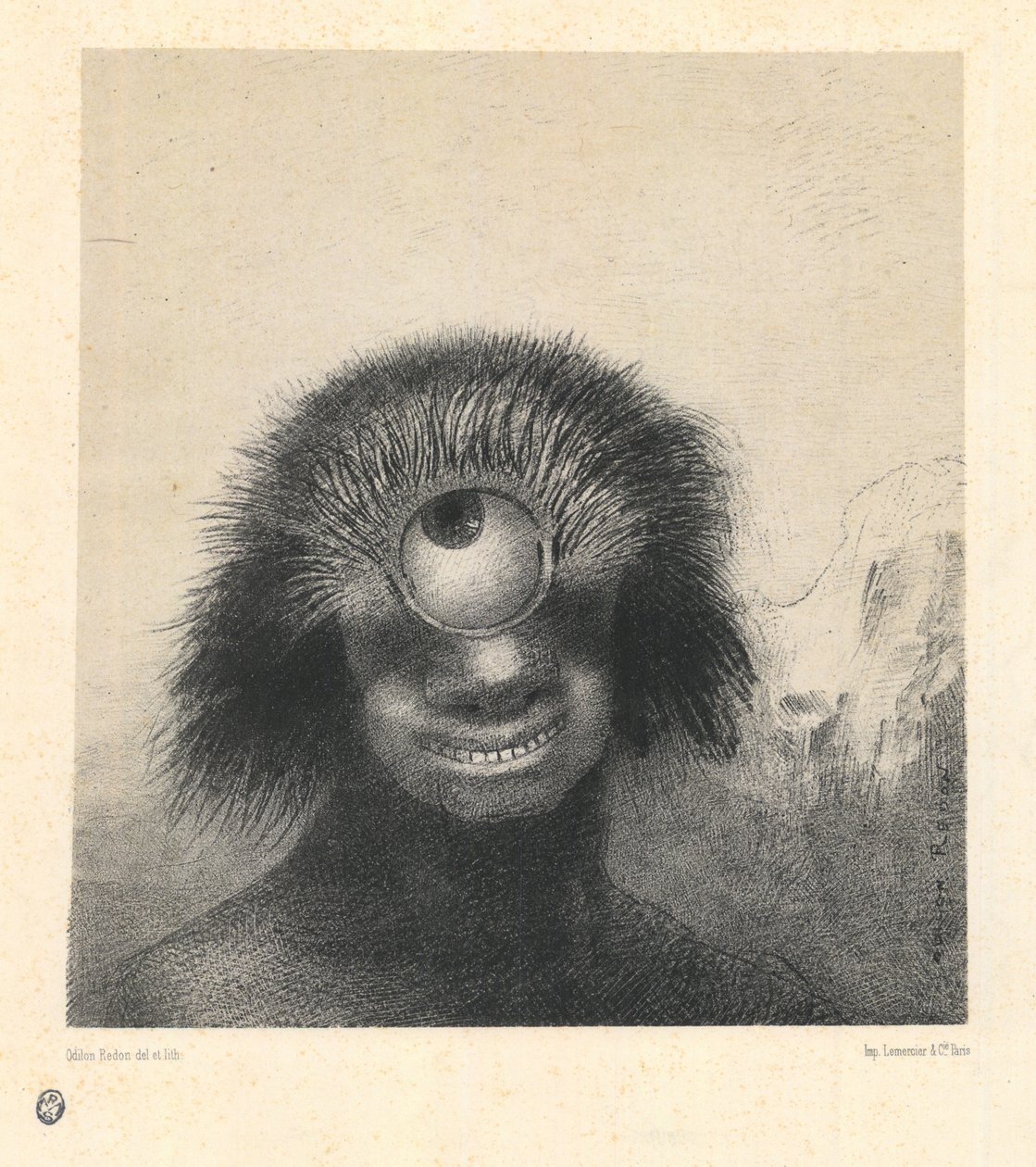 A parton lebegett elhibázott polip, amolyan mosolygó és ijesztő küklopsz, a „Les Origines” sorozatból alkotó: Odilon Redon